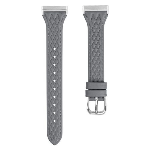 For Fitbit Versa 3 / Sense Top-layer Cow Leather Rhombus Design Watch Strap - Grey