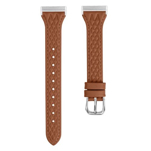 For Fitbit Versa 3 / Sense Top-layer Cow Leather Rhombus Design Watch Strap - Brown