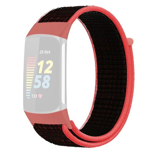 KALEBOL KLB-NLHH-001 For Fitbit Charge 5 / 6 Nylon Watchband Loop Fastener Wrist Strap - Red+Black