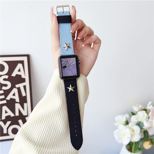 Apple Watch Series 10 42mm / 9 8 7 41mm / SE (2023) SE (2022) SE 6 5 4 40mm / 3 2 1 38mm Watch Strap with Five-Pointed Star Decor - Black+Denim