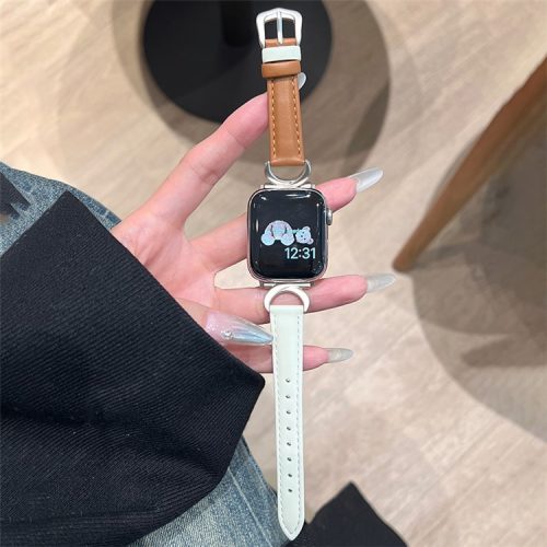 Apple Watch Series 10 42mm / 9 8 7 41mm / SE (2023) SE (2022) SE 6 5 4 40mm / 3 2 1 38mm Band Cow Leather Watch Strap - Caramel+White