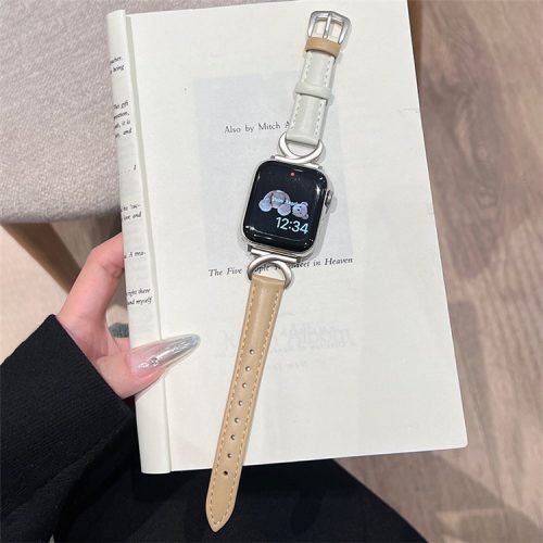 Apple Watch Series 10 42mm / 9 8 7 41mm / SE (2023) SE (2022) SE 6 5 4 40mm / 3 2 1 38mm Band Cow Leather Watch Strap - Khaki+White