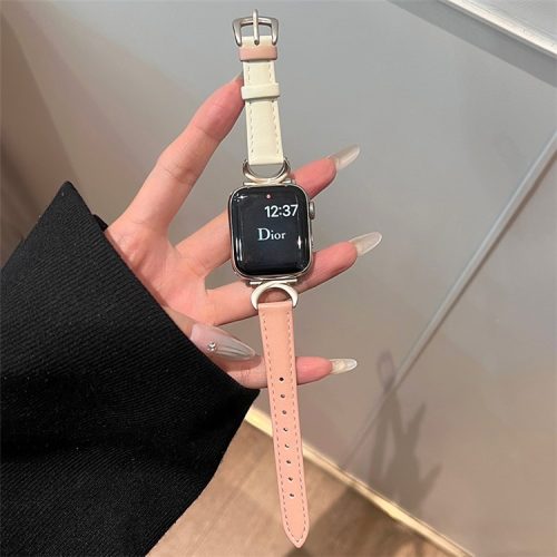 Apple Watch Series 10 42mm / 9 8 7 41mm / SE (2023) SE (2022) SE 6 5 4 40mm / 3 2 1 38mm Band Cow Leather Watch Strap - Sakura Pink+White