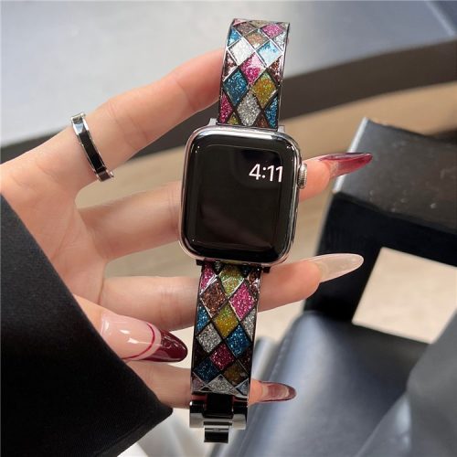 Ffor Apple Watch 10 46mm / Ultra 2 / Ultra 49mm / 9 8 7 45mm / SE (2023) SE (2022) SE 6 5 4 44mm / 3 2 1 42mm Watch Strap - Black+Colored Rhombus