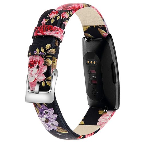 For Fitbit Inspire / Inspire HR Watch Band Matte Imprinted Pattern Replacement Wrist Strap - S / Black+Pink Flower