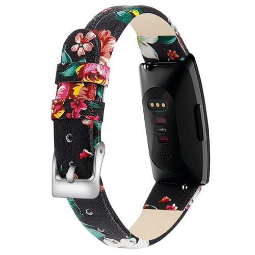 For Fitbit Inspire / Inspire HR Watch Band Matte Imprinted Pattern Replacement Wrist Strap - S / Black+Red Flower