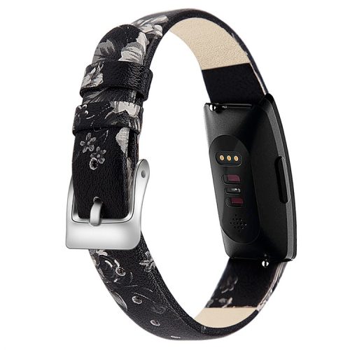 For Fitbit Inspire / Inspire HR Watch Band Matte Imprinted Pattern Replacement Wrist Strap - S / Black+Grey Flower