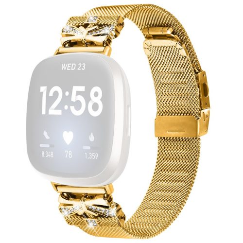 For Fitbit Versa 4 / Sense 2 Strap Rhinestone Decor Electroplating Stainless Steel Watch Band - Gold