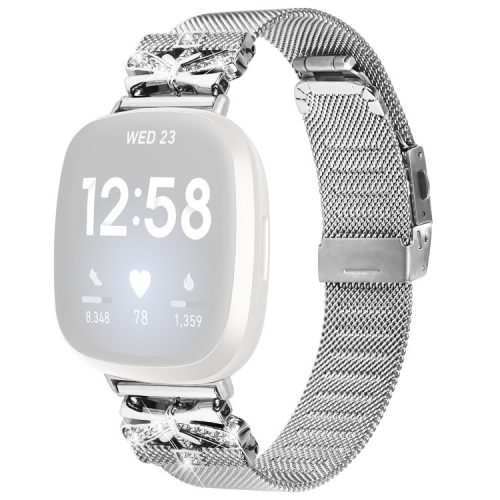 For Fitbit Sense / Versa 3 Milanese Watchband Stainless Steel Watch Strap with Rhinestone Decor - Silver