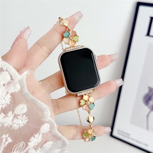 Watchband for Apple Watch Series 10 42mm / 9 8 7 41mm / SE (2023) SE (2022) SE 6 5 4 40mm / 3 2 1 38mm Heart-Shaped Flower Chain Strap - Colorful+Gold