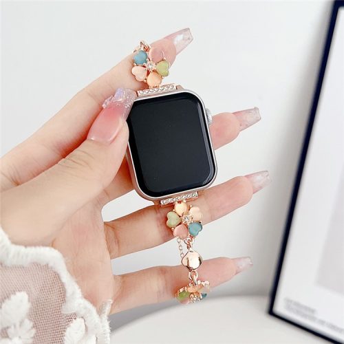 Watchband for Apple Watch Series 10 42mm / 9 8 7 41mm / SE (2023) SE (2022) SE 6 5 4 40mm / 3 2 1 38mm Heart-Shaped Flower Chain Strap - Colorful+Rose Gold