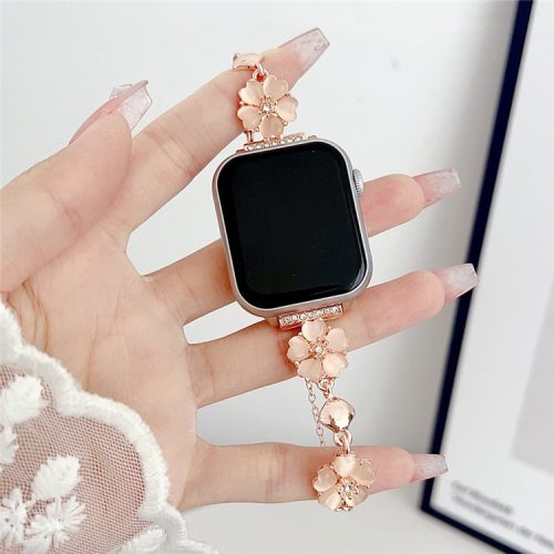 Watchband for Apple Watch Series 10 42mm / 9 8 7 41mm / SE (2023) SE (2022) SE 6 5 4 40mm / 3 2 1 38mm Heart-Shaped Flower Chain Strap - Rose Gold