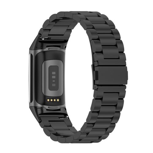 KALEBOL KLB-SZBXG-001 For Fitbit Charge 5 Watchband 3-Bead Stainless Steel Strap - Black