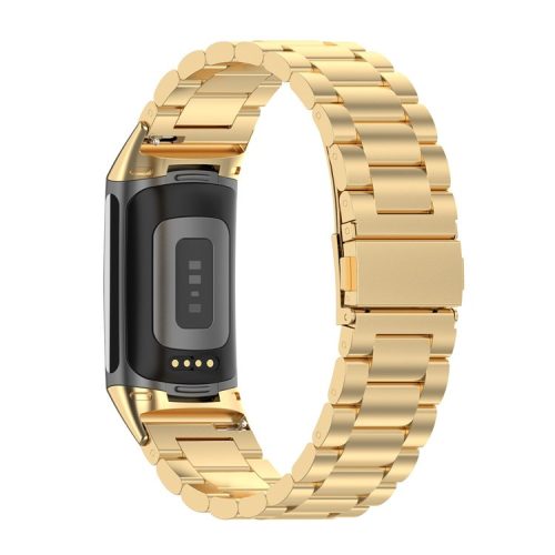 KALEBOL KLB-SZBXG-001 For Fitbit Charge 5 Watchband 3-Bead Stainless Steel Strap - Gold