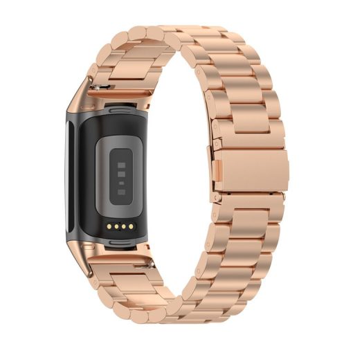 KALEBOL KLB-SZBXG-001 For Fitbit Charge 5 Watchband 3-Bead Stainless Steel Strap - Rose Gold