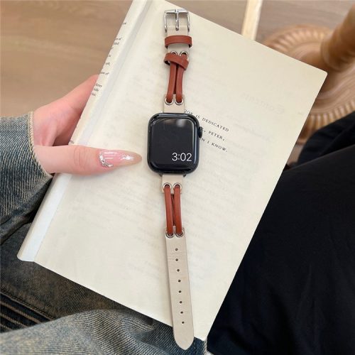 Band For Apple Watch Series 10 42mm / 9 8 7 41mm / 6 5 4 SE (2023) SE (2022) SE 40mm / 3 2 1 38mm Genuine Cow Leather Wrist Strap - White / Brown