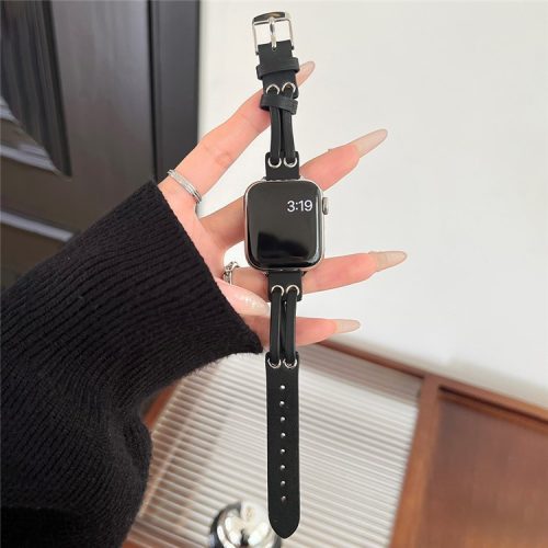 Band For Apple Watch Series 10 42mm / 9 8 7 41mm / 6 5 4 SE (2023) SE (2022) SE 40mm / 3 2 1 38mm Genuine Cow Leather Wrist Strap - Black / Silver Buckle