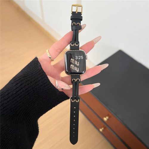 Band For Apple Watch Series 10 42mm / 9 8 7 41mm / 6 5 4 SE (2023) SE (2022) SE 40mm / 3 2 1 38mm Genuine Cow Leather Wrist Strap - Black / Gold Buckle