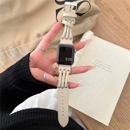 For Apple Watch 10 46mm / Ultra 2 / Ultra 49mm / 9 8 7 45mm / SE (2023) SE (2022) SE 6 5 4 44mm / 3 2 1 42mm Genuine Cow Leather Strap Bracelet - White