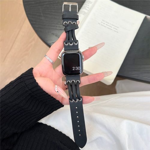 For Apple Watch 10 46mm / Ultra 2 / Ultra 49mm / 9 8 7 45mm / SE (2023) SE (2022) SE 6 5 4 44mm / 3 2 1 42mm Genuine Cow Leather Strap Bracelet - Black / Silver Buckle