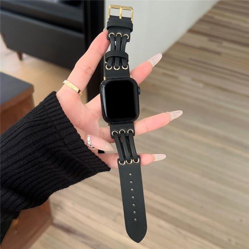 For Apple Watch 10 46mm / Ultra 2 / Ultra 49mm / 9 8 7 45mm / SE (2023) SE (2022) SE 6 5 4 44mm / 3 2 1 42mm Genuine Cow Leather Strap Bracelet - Black / Gold Buckle