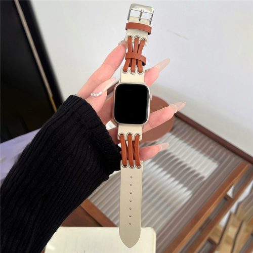 For Apple Watch 10 46mm / Ultra 2 / Ultra 49mm / 9 8 7 45mm / SE (2023) SE (2022) SE 6 5 4 44mm / 3 2 1 42mm Genuine Cow Leather Strap Bracelet - White / Brown