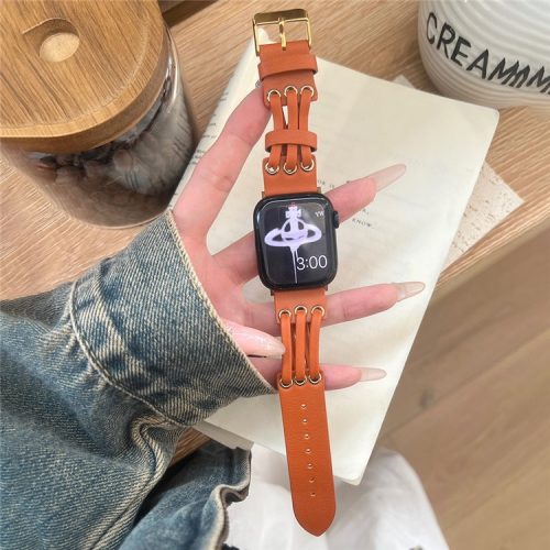 For Apple Watch 10 46mm / Ultra 2 / Ultra 49mm / 9 8 7 45mm / SE (2023) SE (2022) SE 6 5 4 44mm / 3 2 1 42mm Genuine Cow Leather Strap Bracelet - Orange