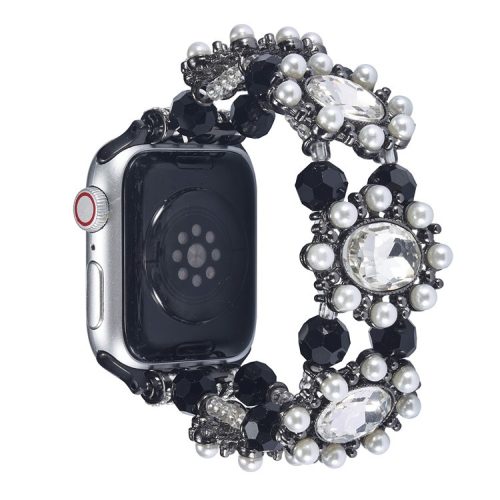 Wrist Strap For Apple Watch Series 10 42mm / 9 8 7 41mm / 6 5 4 SE (2023) SE (2022) SE 40mm / 3 2 1 38mm Beaded Pearl Decor Watchband - Black