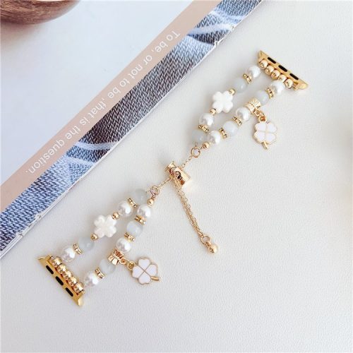 Clover Strap For Apple Watch Series 10 42mm / 9 8 7 41mm / 6 5 4 SE (2023) SE (2022) SE 40mm / 3 2 1 38mm Beaded Bracelet Band - White