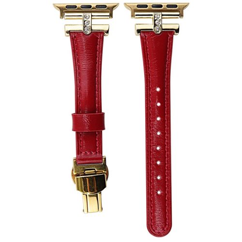 For Apple Watch 10 46mm / Ultra 2 / Ultra 49mm / 9 8 7 45mm / SE (2023) SE (2022) SE 6 5 4 44mm / 3 2 1 42mm Genuine Cow Leather Strap - Red+Gold Buckle