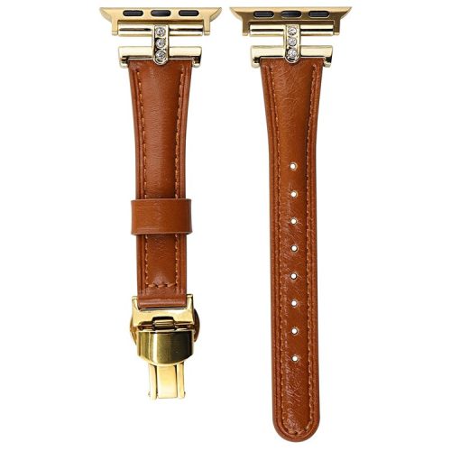 For Apple Watch 10 46mm / Ultra 2 / Ultra 49mm / 9 8 7 45mm / SE (2023) SE (2022) SE 6 5 4 44mm / 3 2 1 42mm Genuine Cow Leather Strap - Brown+Gold Buckle