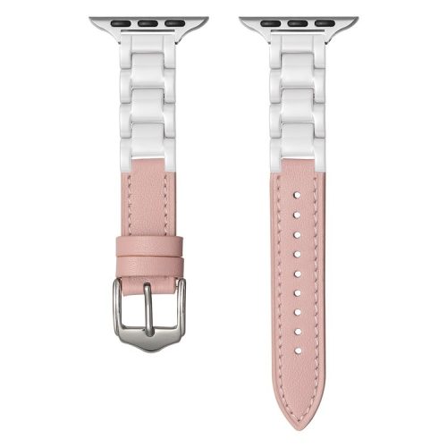 For Apple Watch 10 46mm / Ultra 2 / Ultra 49mm / 9 8 7 45mm / SE (2023) SE (2022) SE 6 5 4 44mm / 3 2 1 42mm Ceramic+Leather Strap - Light Pink+White