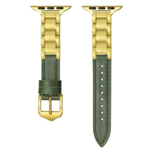 For Apple Watch 10 46mm / Ultra 2 / Ultra 49mm / 9 8 7 45mm / SE (2023) SE (2022) SE 6 5 4 44mm / 3 2 1 42mm Ceramic+Leather Strap - Green+Gold