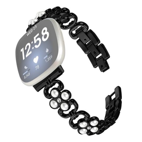 For Fitbit Versa 3 / Fitbit Sense Wholesale Stainless Steel Watch Band with Pearl Decor - Black