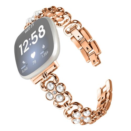 For Fitbit Versa 3 / Fitbit Sense Wholesale Stainless Steel Watch Band with Pearl Decor - Rose Gold