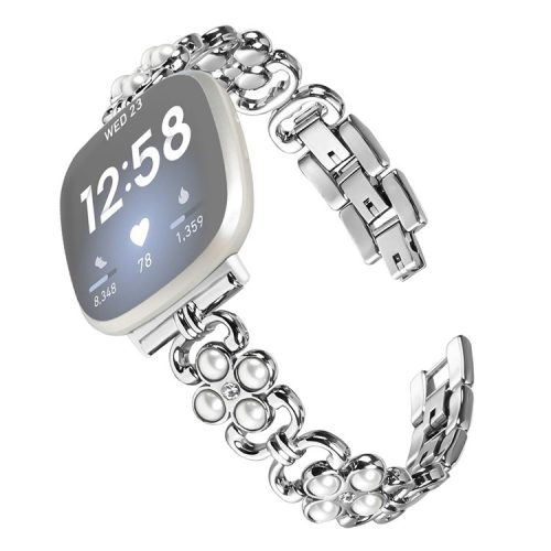 For Fitbit Versa 3 / Fitbit Sense Wholesale Stainless Steel Watch Band with Pearl Decor - Silver