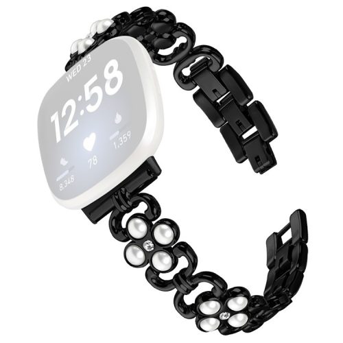 For Fitbit Versa 4 / Fitbit Sense 2 Watch Strap Pearl Decor Four Leaf Clover Stainless Steel Wrist Band - Black