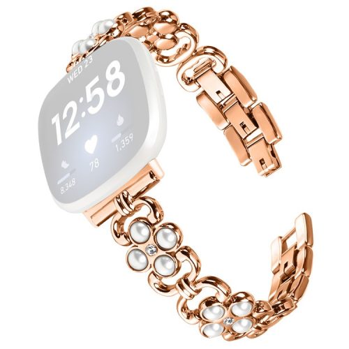 For Fitbit Versa 4 / Fitbit Sense 2 Watch Strap Pearl Decor Four Leaf Clover Stainless Steel Wrist Band - Rose Gold