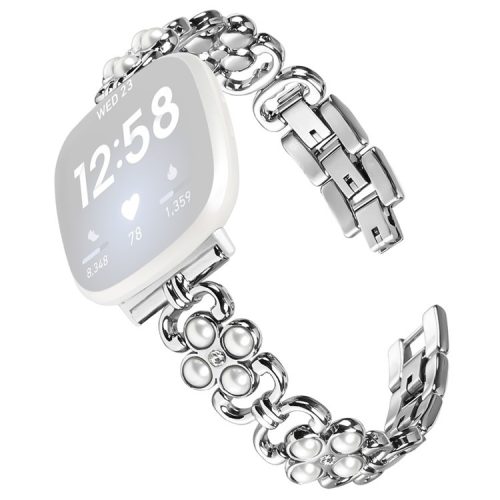 For Fitbit Versa 4 / Fitbit Sense 2 Watch Strap Pearl Decor Four Leaf Clover Stainless Steel Wrist Band - Silver