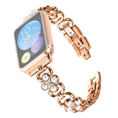 Wholesale Watch Strap for Xiaomi Smart Band 8 Pro Pearl Decor Four Leaf Clover Stainless Steel Band - Rose Gold