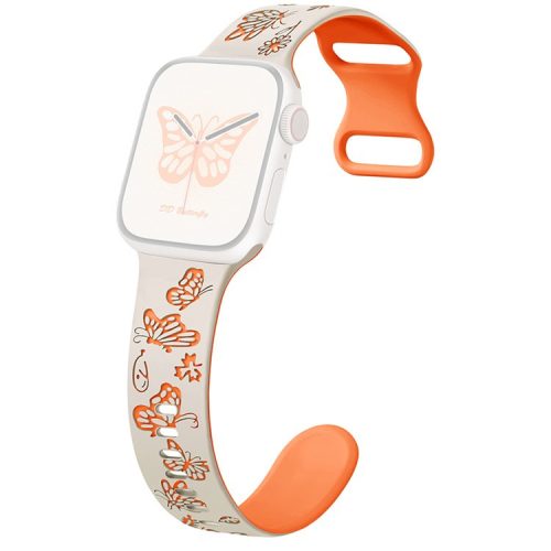 For Apple Watch 10 46mm / Ultra 2 / Ultra 49mm / 9 8 7 45mm / SE (2023) SE (2022) SE 6 5 4 44mm / 3 2 1 42mm Butterfly Silicone Band - Starlight+Orange