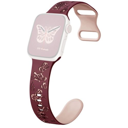 For Apple Watch 10 46mm / Ultra 2 / Ultra 49mm / 9 8 7 45mm / SE (2023) SE (2022) SE 6 5 4 44mm / 3 2 1 42mm Butterfly Silicone Band - Wine Red+Pink