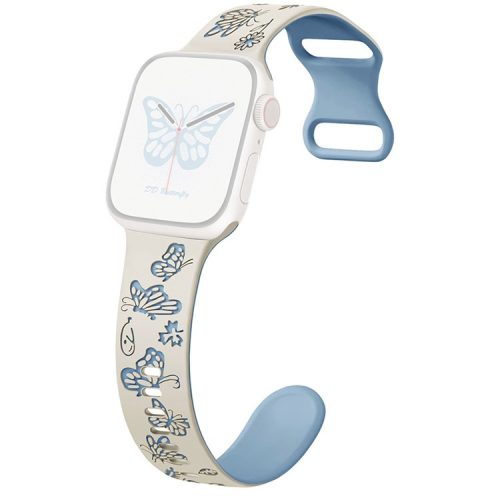 For Apple Watch 10 46mm / Ultra 2 / Ultra 49mm / 9 8 7 45mm / SE (2023) SE (2022) SE 6 5 4 44mm / 3 2 1 42mm Butterfly Silicone Band - Antique White+Blue