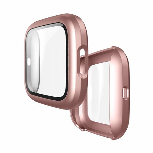 Rubberized PC Frame Intergrated Tempered Glass Screen Protector Smart Watch Cover for Fitbit Versa 2 - Rose Gold