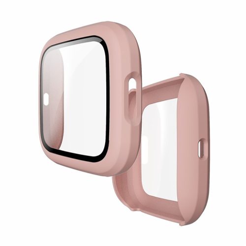 Rubberized PC Frame Intergrated Tempered Glass Screen Protector Smart Watch Cover for Fitbit Versa 2 - Pink