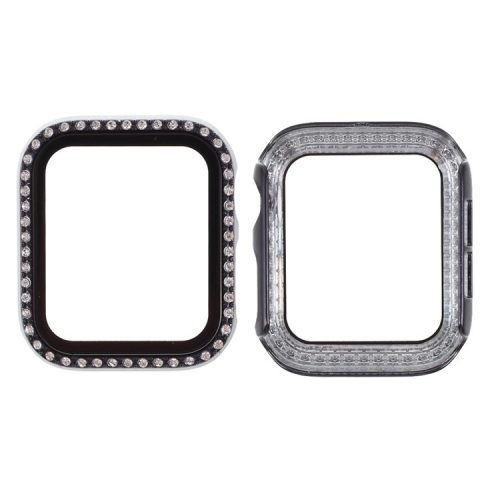 Electroplating Rhinestones Decor PC Frame Tempered Glass Protector Cover for Apple Watch Series 4/5/6/SE 40mm - Black