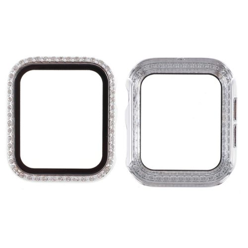 Electroplating Rhinestones Decor PC Frame Tempered Glass Protector Cover for Apple Watch Series 4 / 5 / 6 / SE / SE (2022) 44m - White