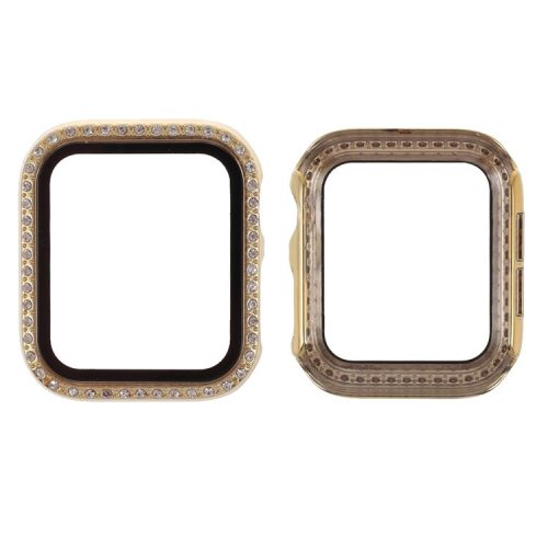 Electroplating Rhinestones Decor PC Frame Tempered Glass Protector Cover for Apple Watch Series 4 / 5 / 6 / SE / SE (2022) 44m - Gold