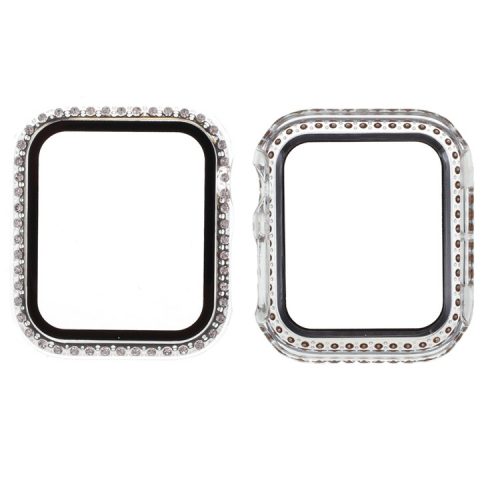 Electroplating Rhinestones Decor PC Frame Tempered Glass Protector Cover for Apple Watch Series 4 / 5 / 6 / SE / SE (2022) 44m - Transparent