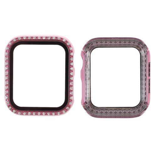 Electroplating Rhinestones Decor PC Frame Tempered Glass Protector Cover for Apple Watch Series 4 / 5 / 6 / SE / SE (2022) 44m - Pink